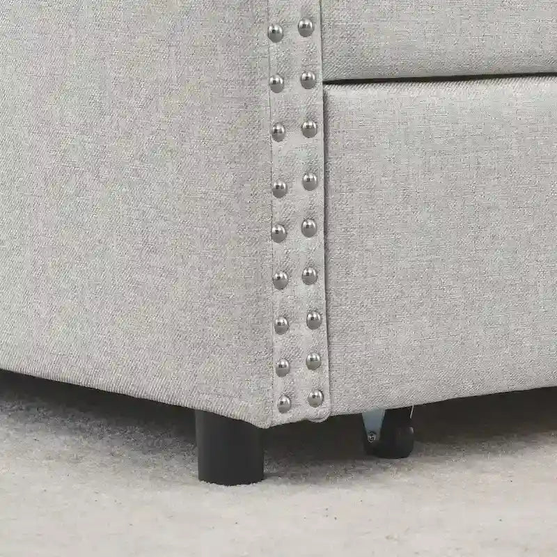 Lit de repos capitonné en tissu beige/gris de taille Queen avec 2 tiroirs de rangement, 2 personnes