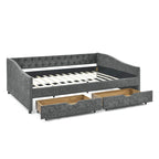 Lit de repos capitonné en tissu beige/gris de taille Queen avec 2 tiroirs de rangement, 2 personnes