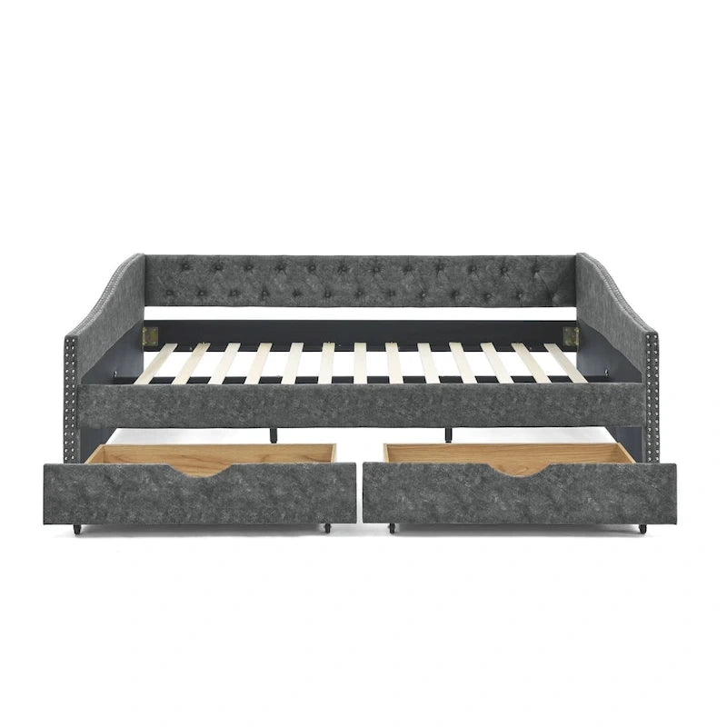 Lit de repos capitonné en tissu beige/gris de taille Queen avec 2 tiroirs de rangement, 2 personnes