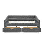 Lit de repos capitonné en tissu beige/gris de taille Queen avec 2 tiroirs de rangement, 2 personnes