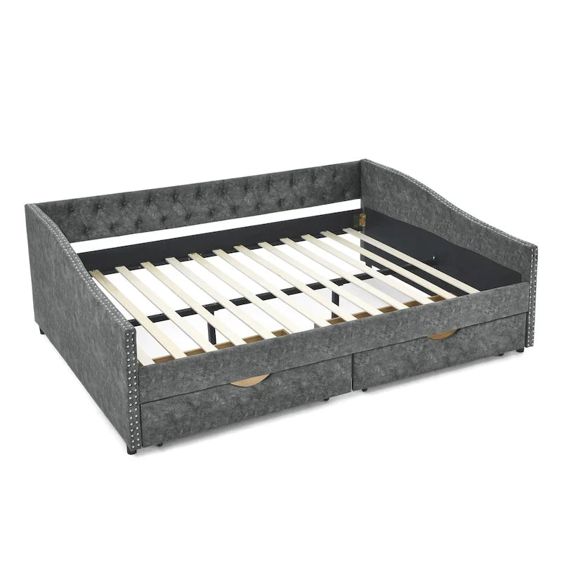 Lit de repos capitonné en tissu beige/gris de taille Queen avec 2 tiroirs de rangement, 2 personnes