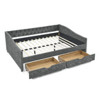 Lit de repos capitonné en tissu beige/gris de taille Queen avec 2 tiroirs de rangement, 2 personnes