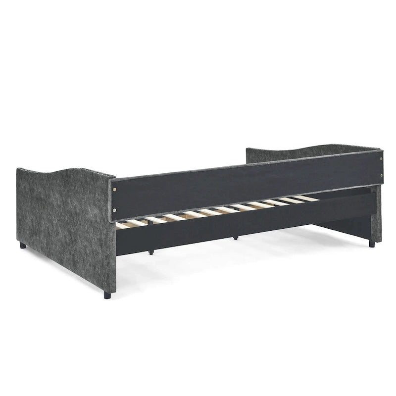 Lit de repos capitonné en tissu beige/gris de taille Queen avec 2 tiroirs de rangement, 2 personnes