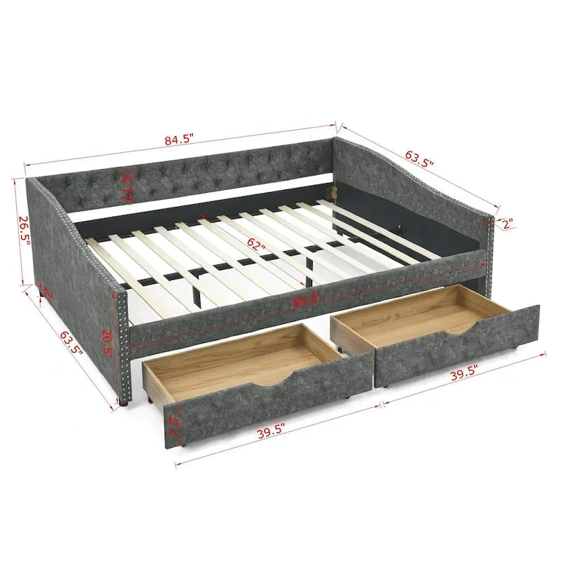 Lit de repos capitonné en tissu beige/gris de taille Queen avec 2 tiroirs de rangement, 2 personnes
