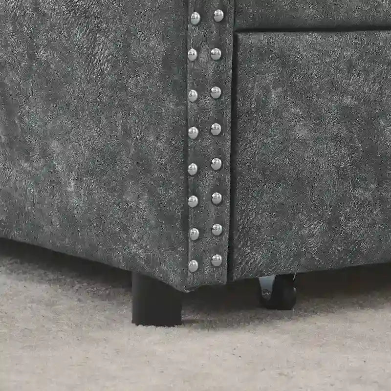 Lit de repos capitonné en tissu beige/gris de taille Queen avec 2 tiroirs de rangement, 2 personnes