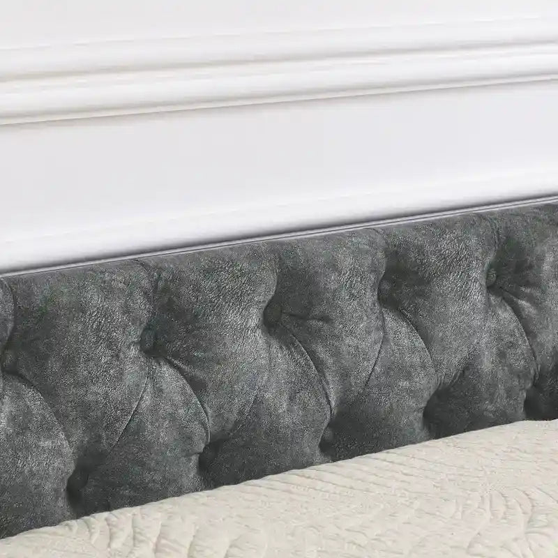 Lit de repos capitonné en tissu beige/gris de taille Queen avec 2 tiroirs de rangement, 2 personnes