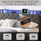 Cadre de lit avec tête de lit de rangement, station de recharge et lumières LED