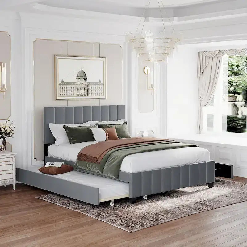 Lit Plateforme Queen Size en Velours Gris/Beige avec 2 Tiroirs et Lit Gigogne Twin XL, 2 Personnes
