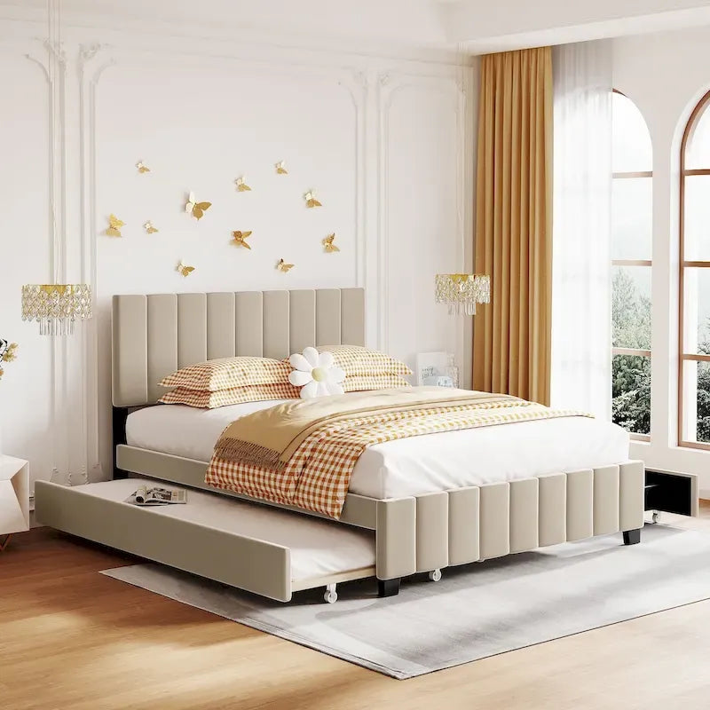 Lit Plateforme Queen Size en Velours Gris/Beige avec 2 Tiroirs et Lit Gigogne Twin XL, 2 Personnes