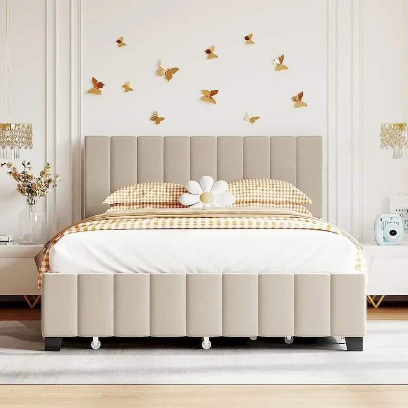 Lit Plateforme Queen Size en Velours Gris/Beige avec 2 Tiroirs et Lit Gigogne Twin XL, 2 Personnes