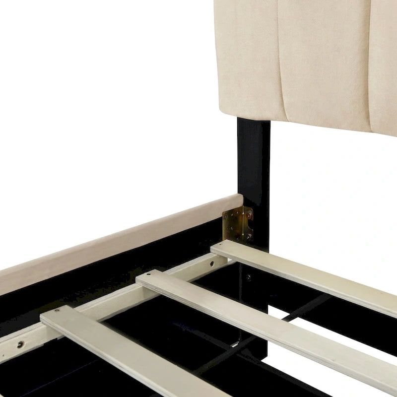 Lit Plateforme Queen Size en Velours Gris/Beige avec 2 Tiroirs et Lit Gigogne Twin XL, 2 Personnes