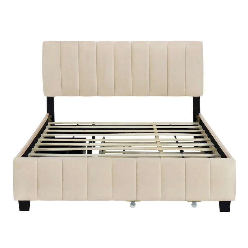 Lit Plateforme Queen Size en Velours Gris/Beige avec 2 Tiroirs et Lit Gigogne Twin XL, 2 Personnes