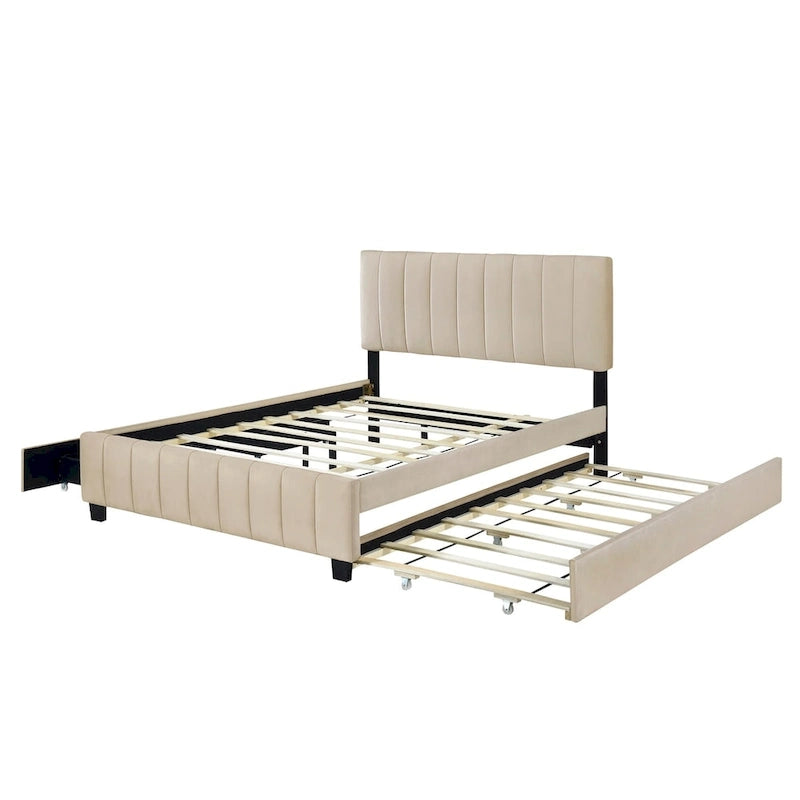Lit Plateforme Queen Size en Velours Gris/Beige avec 2 Tiroirs et Lit Gigogne Twin XL, 2 Personnes