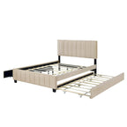 Lit Plateforme Queen Size en Velours Gris/Beige avec 2 Tiroirs et Lit Gigogne Twin XL, 2 Personnes