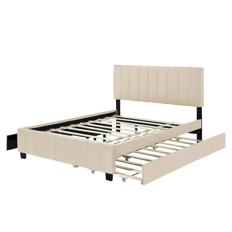 Lit Plateforme Queen Size en Velours Gris/Beige avec 2 Tiroirs et Lit Gigogne Twin XL, 2 Personnes