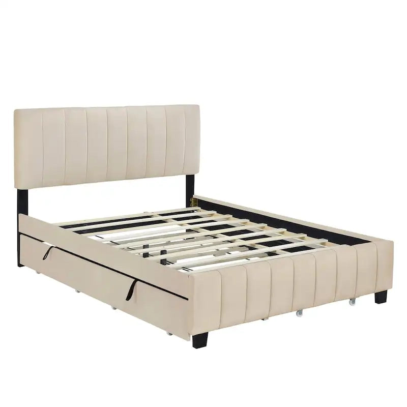 Lit Plateforme Queen Size en Velours Gris/Beige avec 2 Tiroirs et Lit Gigogne Twin XL, 2 Personnes