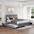 Lit Plateforme Queen Size en Velours Gris/Beige avec 2 Tiroirs et Lit Gigogne Twin XL, 2 Personnes