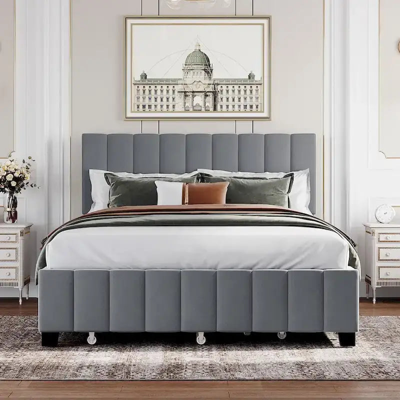 Lit Plateforme Queen Size en Velours Gris/Beige avec 2 Tiroirs et Lit Gigogne Twin XL, 2 Personnes