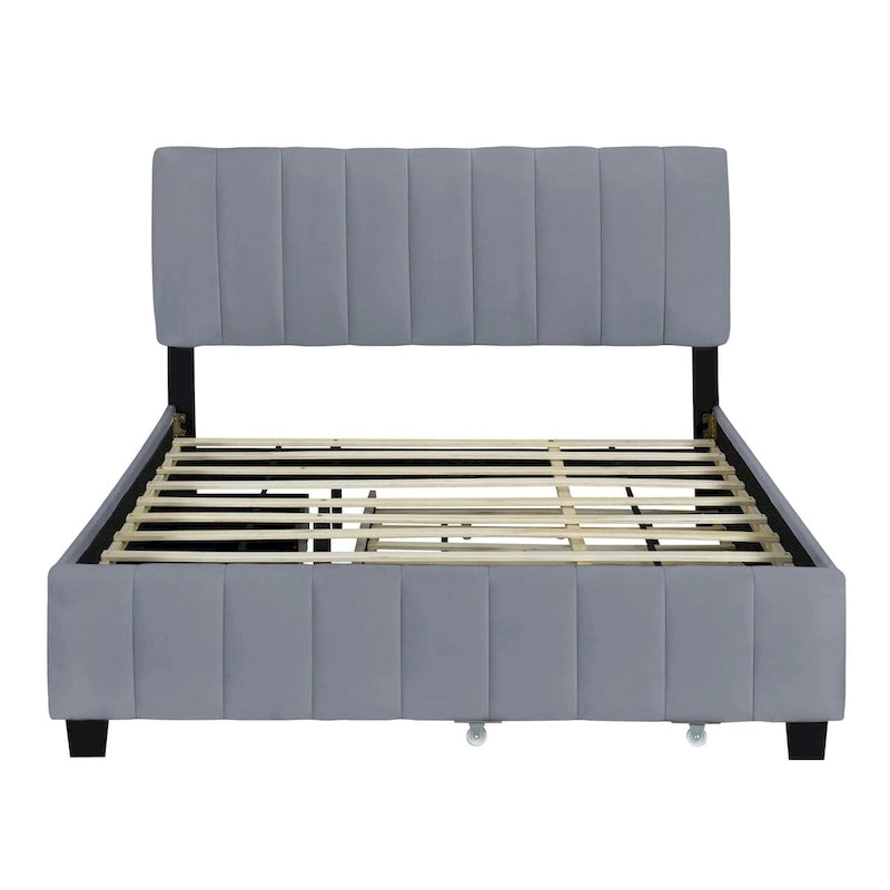 Lit Plateforme Queen Size en Velours Gris/Beige avec 2 Tiroirs et Lit Gigogne Twin XL, 2 Personnes