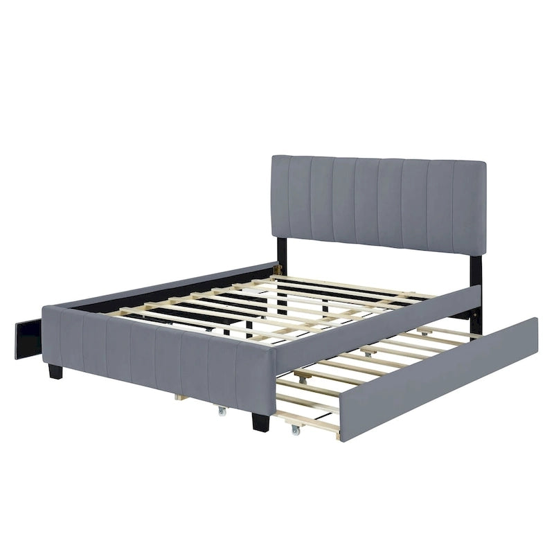 Lit Plateforme Queen Size en Velours Gris/Beige avec 2 Tiroirs et Lit Gigogne Twin XL, 2 Personnes