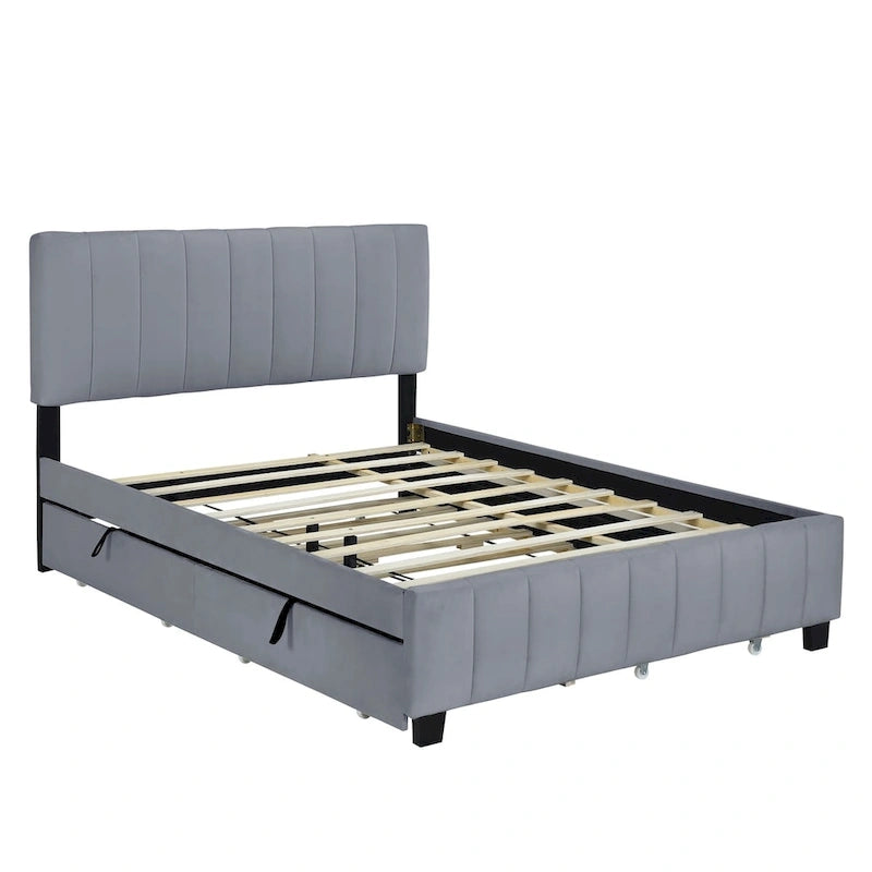 Lit Plateforme Queen Size en Velours Gris/Beige avec 2 Tiroirs et Lit Gigogne Twin XL, 2 Personnes