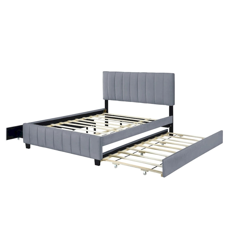 Lit Plateforme Queen Size en Velours Gris/Beige avec 2 Tiroirs et Lit Gigogne Twin XL, 2 Personnes