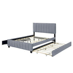 Lit Plateforme Queen Size en Velours Gris/Beige avec 2 Tiroirs et Lit Gigogne Twin XL, 2 Personnes