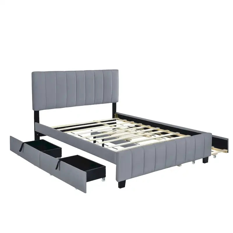 Lit Plateforme Queen Size en Velours Gris/Beige avec 2 Tiroirs et Lit Gigogne Twin XL, 2 Personnes