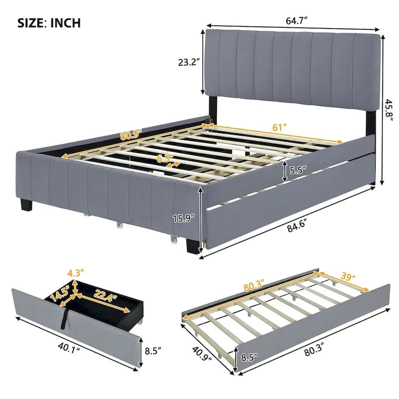 Lit Plateforme Queen Size en Velours Gris/Beige avec 2 Tiroirs et Lit Gigogne Twin XL, 2 Personnes