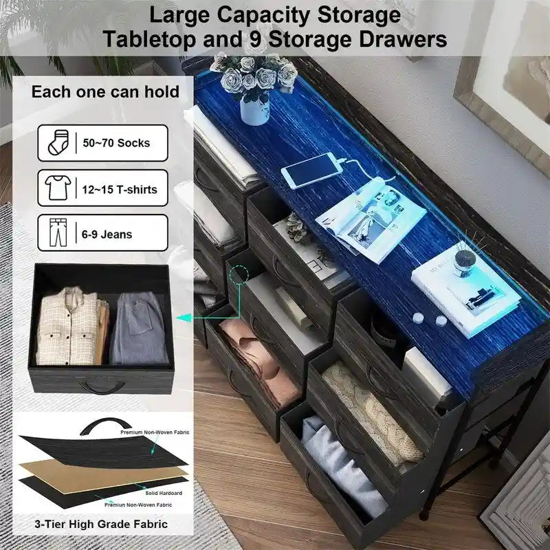 Commode grège / marron rustique / anthracite / blanc avec lumière LED et ports USB
