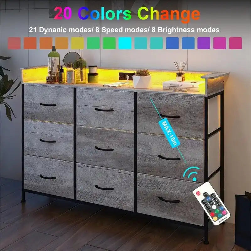 Commode grège / marron rustique / anthracite / blanc avec lumière LED et ports USB