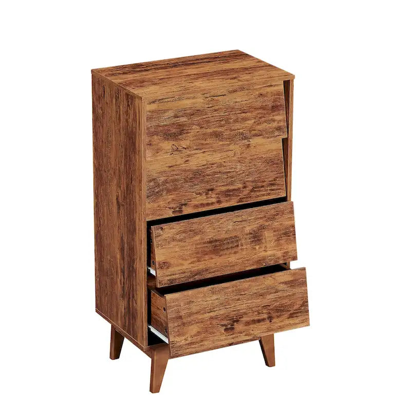 Commode marron à 4 tiroirs avec design biseauté vintage et pieds en bois massif