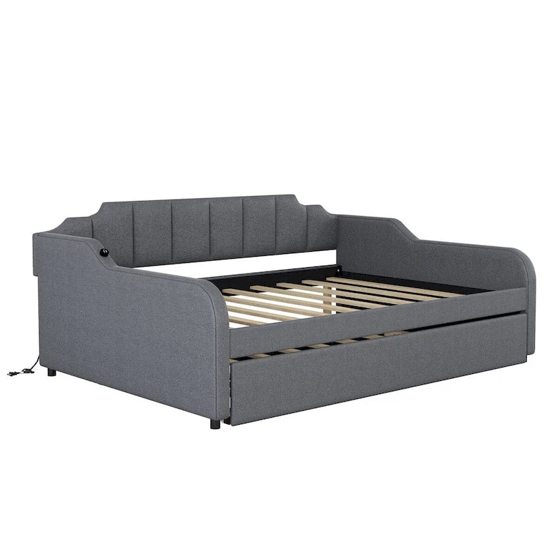 Lit de repos gris rembourré pleine taille avec lit gigogne escamotable et chargement USB