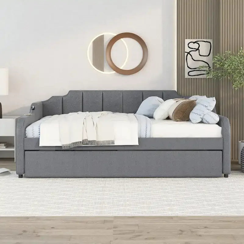 Lit de repos gris rembourré pleine taille avec lit gigogne escamotable et chargement USB