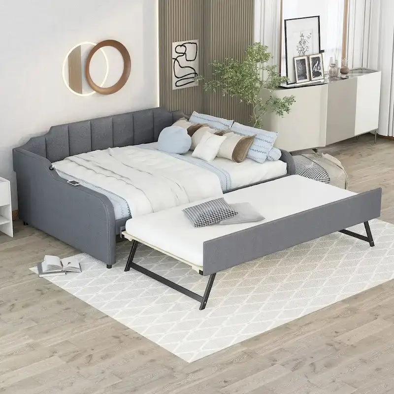 Lit de repos gris rembourré pleine taille avec lit gigogne escamotable et chargement USB