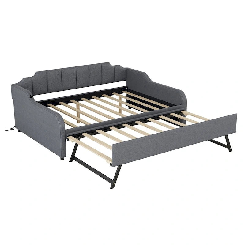 Lit de repos gris rembourré pleine taille avec lit gigogne escamotable et chargement USB