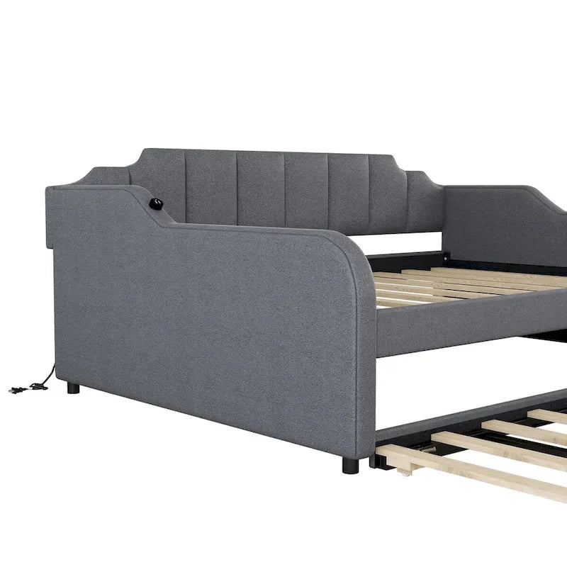 Lit de repos gris rembourré pleine taille avec lit gigogne escamotable et chargement USB
