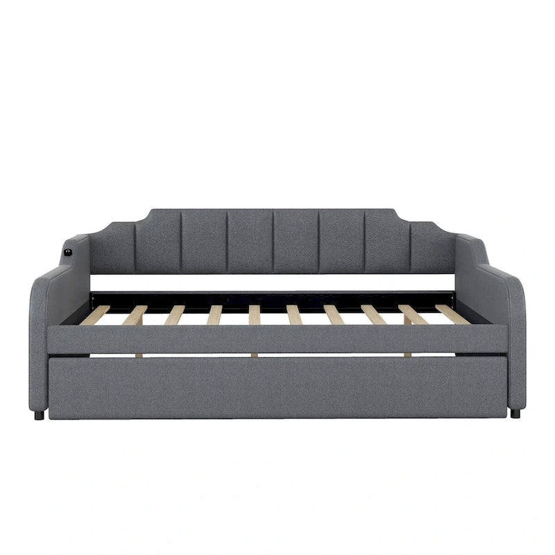 Lit de repos gris rembourré pleine taille avec lit gigogne escamotable et chargement USB