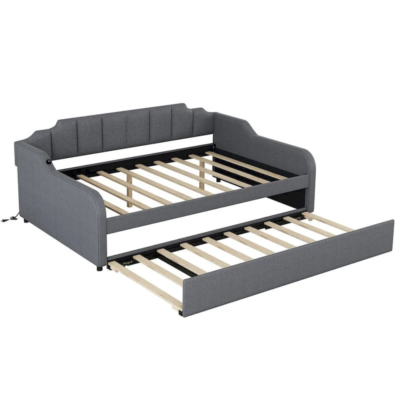 Lit de repos gris rembourré pleine taille avec lit gigogne escamotable et chargement USB