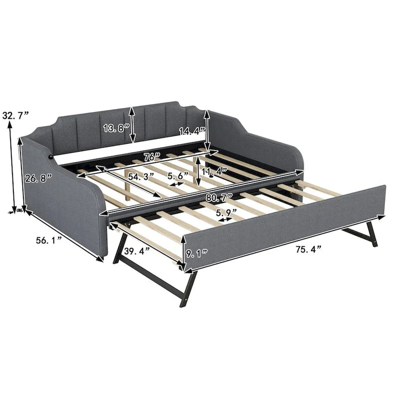 Lit de repos gris rembourré pleine taille avec lit gigogne escamotable et chargement USB
