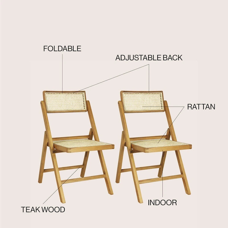Chaise pliant vintage en bois et rotin du milieu du siècle avec dossier réglable (lot de 2)