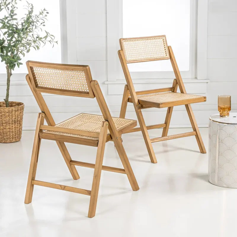 Chaise pliant vintage en bois et rotin du milieu du siècle avec dossier réglable (lot de 2)