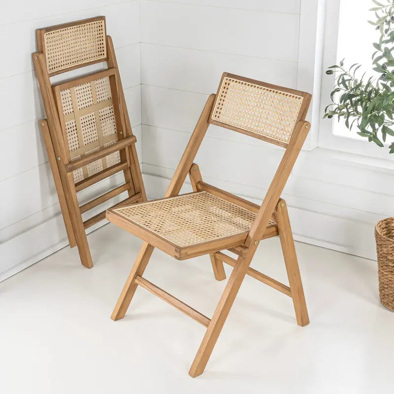 Chaise pliant vintage en bois et rotin du milieu du siècle avec dossier réglable (lot de 2)