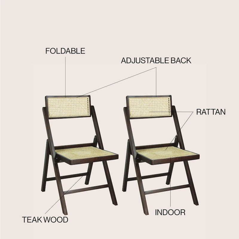 Chaise pliant vintage en bois et rotin du milieu du siècle avec dossier réglable (lot de 2)