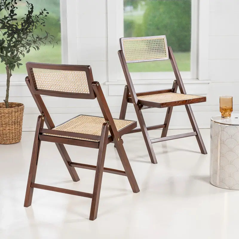 Chaise pliant vintage en bois et rotin du milieu du siècle avec dossier réglable (lot de 2)