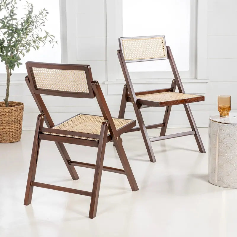 Chaise pliant vintage en bois et rotin du milieu du siècle avec dossier réglable (lot de 2)