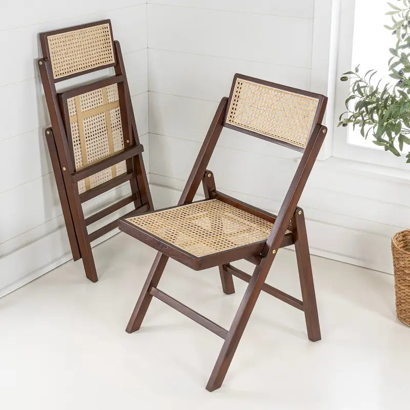 Chaise pliant vintage en bois et rotin du milieu du siècle avec dossier réglable (lot de 2)