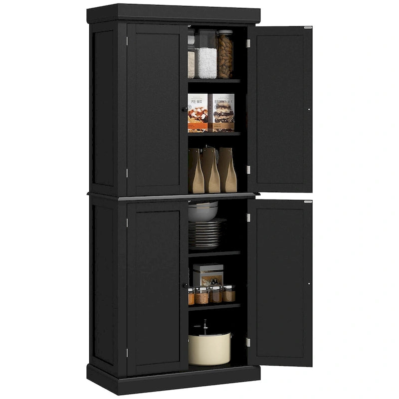 Meuble de rangement de cuisine à 4 portes noir/blanc avec étagères réglables, 184 cm H