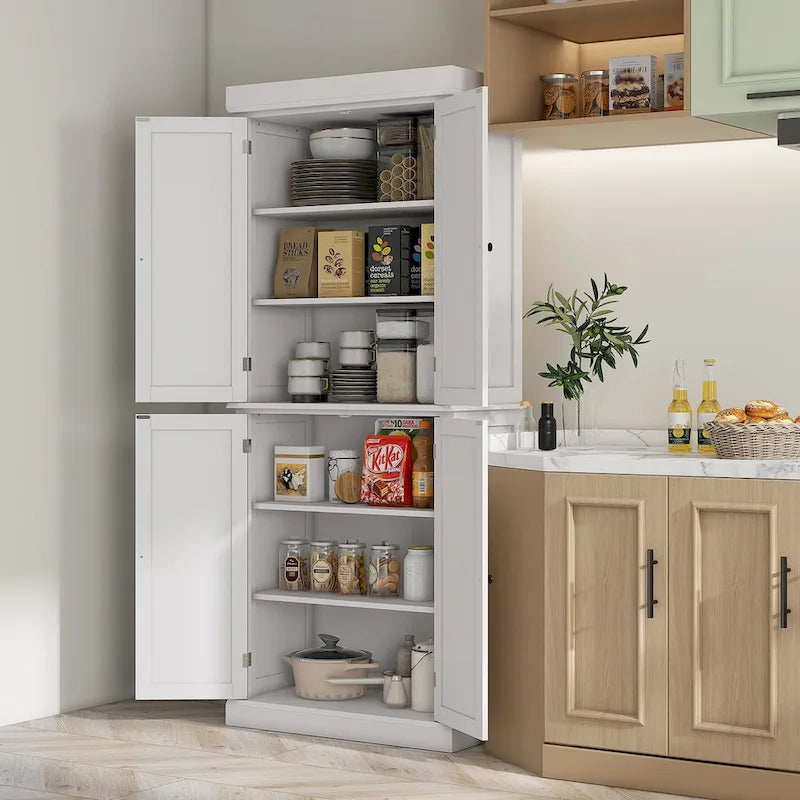 Meuble de rangement de cuisine à 4 portes noir/blanc avec étagères réglables, 184 cm H