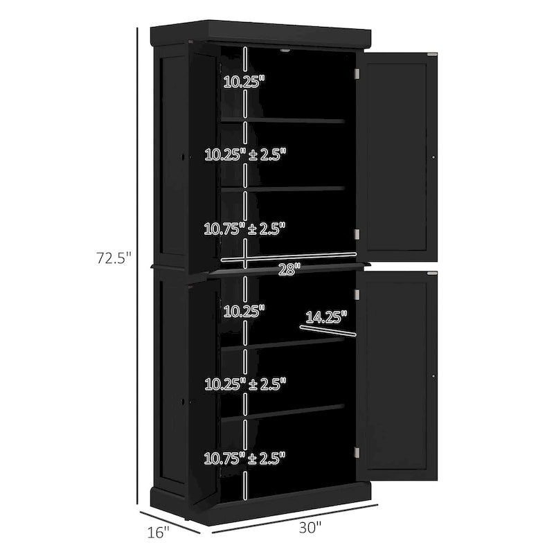 Meuble de rangement de cuisine à 4 portes noir/blanc avec étagères réglables, 184 cm H